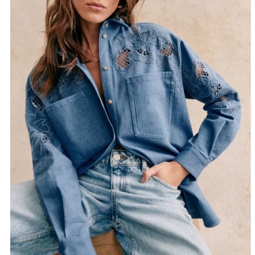 SEZANE NWT Ecru Floral Embroidered Cut Out Oversized Button Down Naora Shirt - Picture 9 of 17